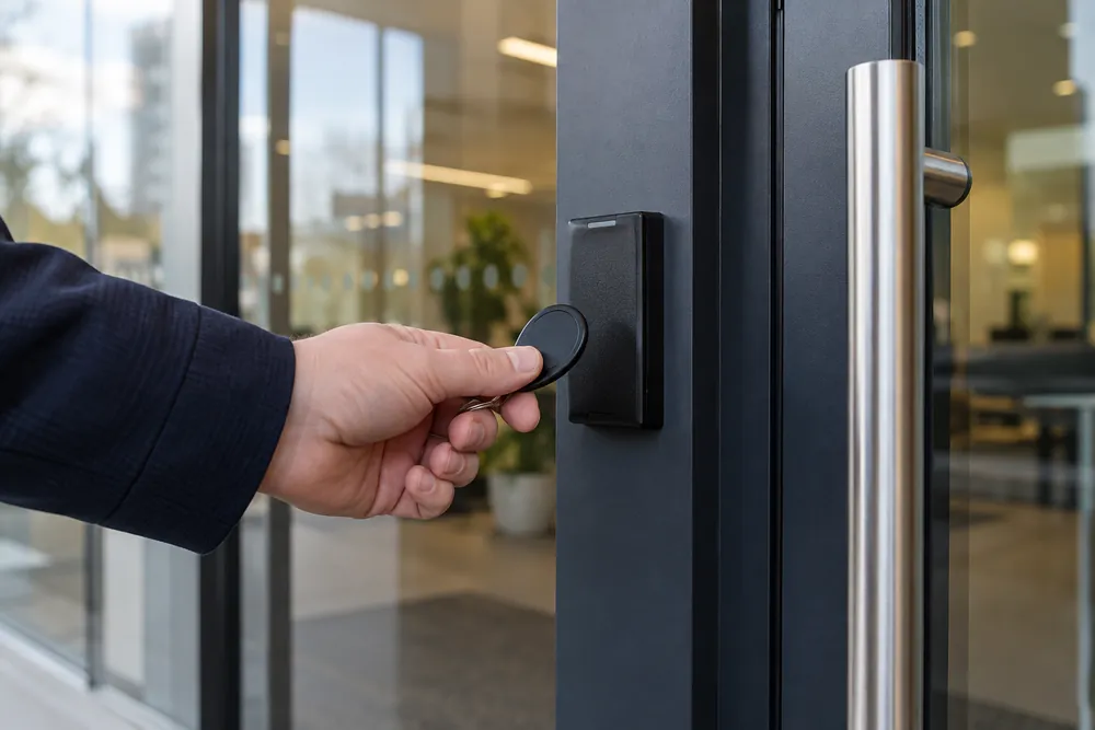Staff access fob held against a reader at a Newcastle office doorway