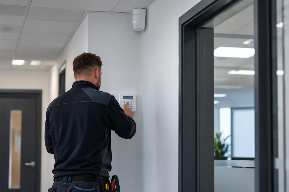 Security technician checking an intruder alarm inside Newcastle business premises