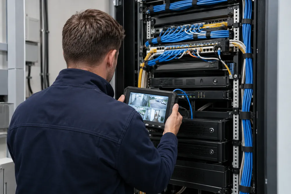 Technician examining CCTV recording equipment for a Newcastle commercial site